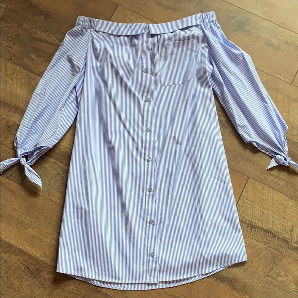 Blue Striped Off The Shoulder Button Dress